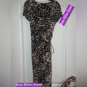 JONES NY TAN & BLACK CROSS DRESS W/ ROPE BELT - MED